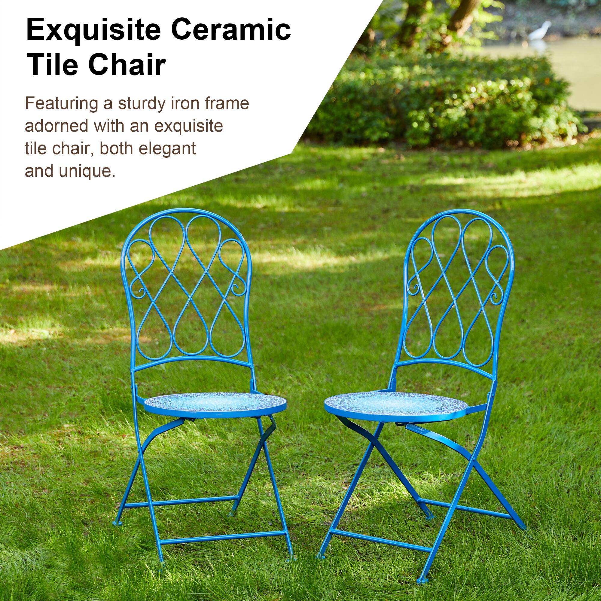 Glitzhome® 36.5" Blue Outdoor Metal Folding Bistro Chairs with Ceramic Tiles Seat, 2ct.